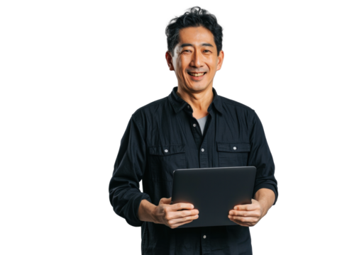 East Asian Man with Tablet on Clear Background
