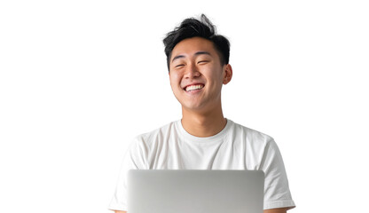 Young Asian Man Smiling Using Laptop
