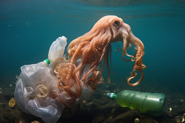 Octopus entangled in plastic waste underwater.