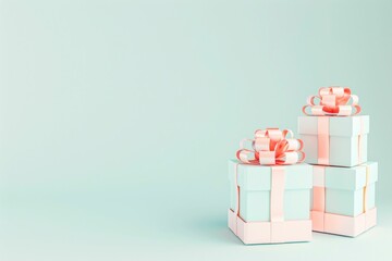 Festive gift boxes with decorative ribbons and bows on light blue background with copy space