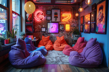 Cozy stylish startup incubator space, vibrant lounge area with colorful bean bag chairs, graffiti-covered walls, and neon signage. Energetic and creative vibe - obrazy, fototapety, plakaty