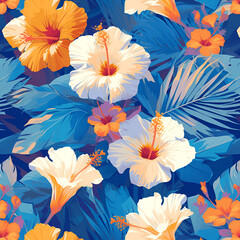 floral wall paper design, vibrant hibiscus with leaves, orange, white, baby blue, dark blue background, vector illustration, vibrant pop art