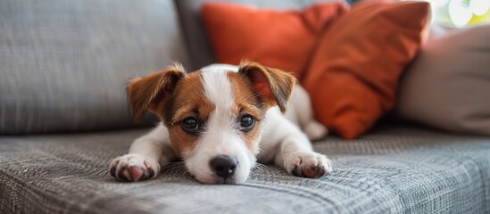 cute Jack Russell terrier puppy lies on a cozy sofa in a modern living room, copy space