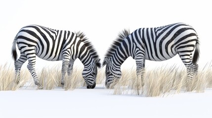 Fototapeta premium Two zebras are eating grass in a field