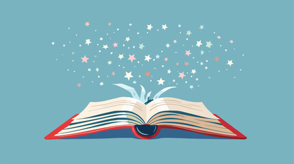 Open book with red book cover and white stars flying o