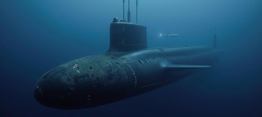 Military nuclear submarine fires torpedo missile in expansive ocean surroundings - obrazy, fototapety, plakaty