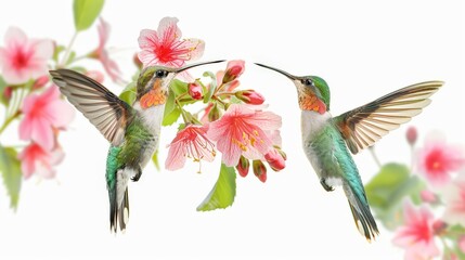 Two hummingbirds are perched on a pink flower