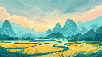Kussenhoes Yellow and green traditional terraced fields illustration poster background © jinzhen