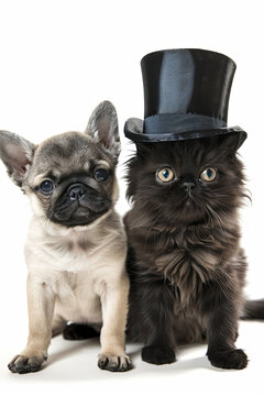Pug puppy and cat wearing a top hat