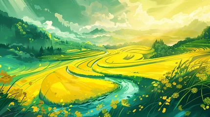 Schilderijen op glas Yellow and green traditional terraced fields illustration poster background © jinzhen