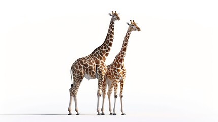 Two giraffes standing next to each other on a white background