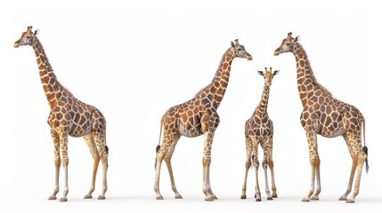 A group of giraffes standing in a line, with one of them being a baby