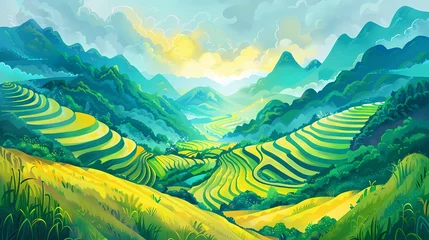 Fototapete Gelb Yellow and green traditional terraced fields illustration poster background
