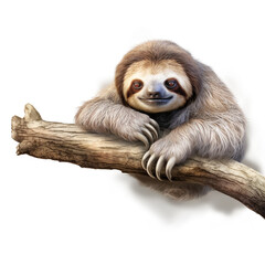 Naklejka premium lovable three toe sloth laying on branch in neutral syle with white background сreated with Generative Ai