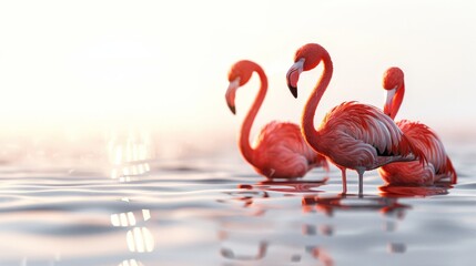 Three flamingos are standing in the water, with one of them looking to the right