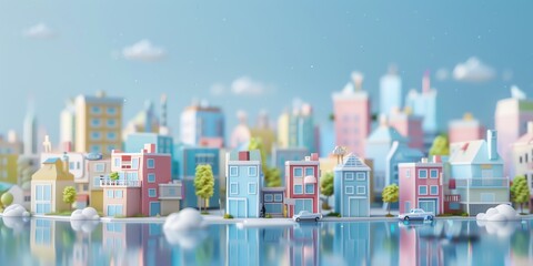 3D render, illustration 16K cute landscape, mini city , gradient green and blue pastel colors background
