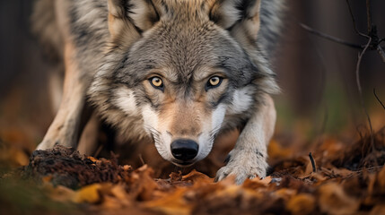 Obraz premium Intense Gaze of a Forest Wolf. Generative AI