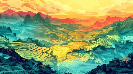 Yellow and green traditional terraced fields illustration poster background