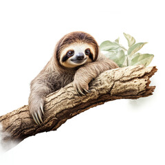 Fototapeta premium lovable three toe sloth laying on branch in neutral syle with white background сreated with Generative Ai