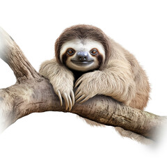 Fototapeta premium lovable three toe sloth laying on branch in neutral syle with white background сreated with Generative Ai
