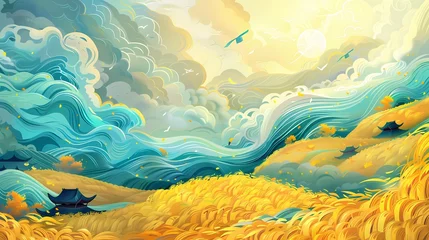 Gordijnen Yellow and green traditional terraced fields illustration poster background © jinzhen