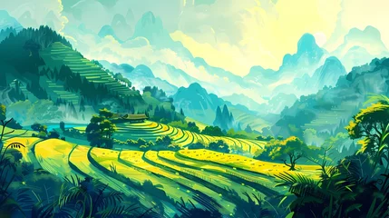Keuken spatwand met foto Yellow and green traditional terraced fields illustration poster background © jinzhen