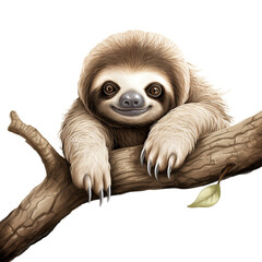 lovable three toe sloth laying on branch in neutral syle with white background сreated with Generative Ai