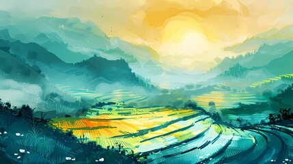 Yellow and green traditional terraced fields illustration poster background - obrazy, fototapety, plakaty