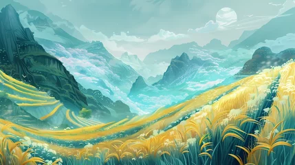 Zelfklevend Fotobehang Yellow and green traditional terraced fields illustration poster background © jinzhen