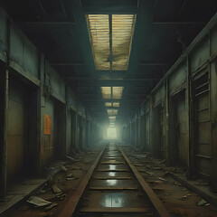 a dilapidated subway station, where rusted metal and pulsating organic matter merge into a horrifying amalgamation - obrazy, fototapety, plakaty