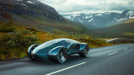 Fototapeta na wymiar futuristic high-tech car on a picturesque road, landscape, style, technology, speed, wheels, transport, travel, future, glass