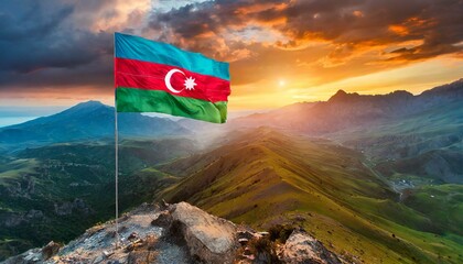 The Flag of Azerbaijan On The Mountain.