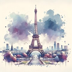 Watercolor illustration of beautiful paris featuring the eiffel tower
