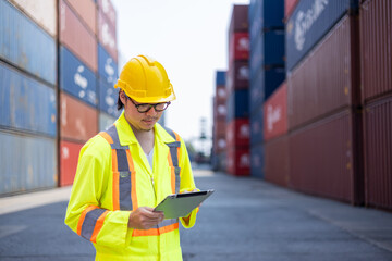 Asian and black engineers check cargo at shipping container