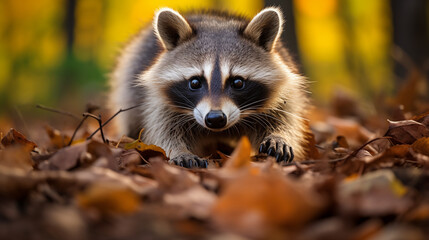 Inquisitive Raccoon Peering Through Forest Ground. Generative AI - obrazy, fototapety, plakaty