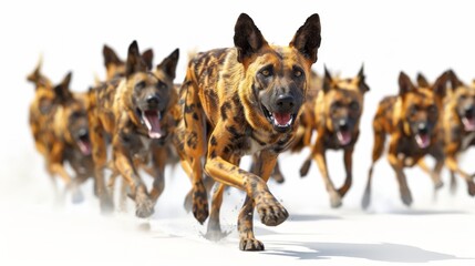 A group of dogs are running in a line, with one of them having a black nose