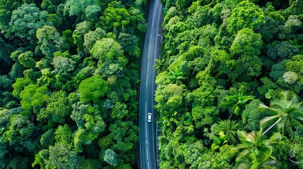 Aerial view of car driving through lush green forest road