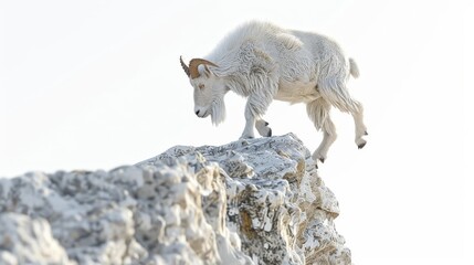 A white goat is standing on a rocky ledge