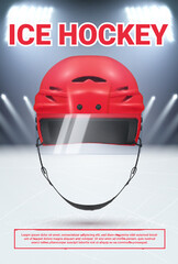 Ice hockey advertising poster design template with helmet and arena realistic vector illustration