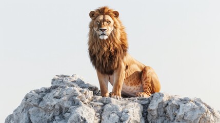 A lion is sitting on a rock, looking at the camera