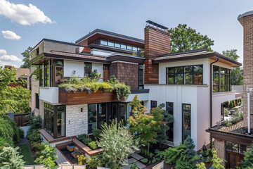 A Craftsman-inspired townhouse with a rooftop garden, using reclaimed materials and featuring a blend of traditional and modern design elements, located in a revitalizing urban area.