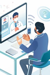 A doctor wearing a mask and scrubs is having a video chat with a patient.