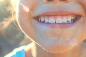 Closeup Portrait of a Young Girl's Teeth with Sun Rays Shining on Her Face, Dental Health and Beauty Concept