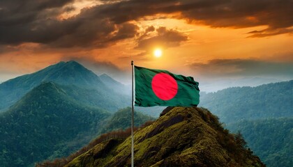 The Flag of Bangladesh On The Mountain.