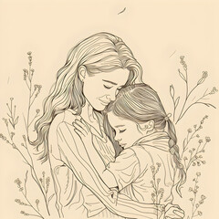 Mothers and daughter line art illstration, mother day celebration background.