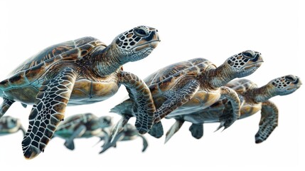 A group of turtles are swimming in a line