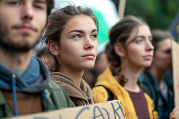 Obraz premium Focused young adults at an environmental protest holding signs.