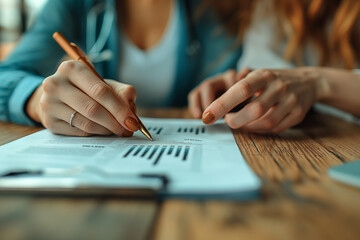 A woman is writing with a pen on a piece of paper. The woman is pointing at the paper with her finger. The paper has a lot of numbers and lines on it - Powered by Adobe