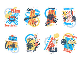 Cinema night movie festival retro banner label design template set isometric vector illustration