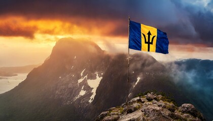 The Flag of Barbados On The Mountain. - obrazy, fototapety, plakaty